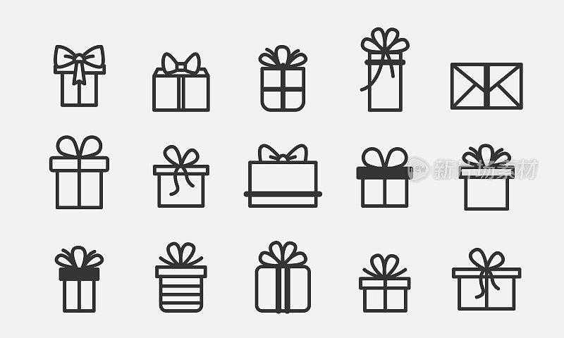 礼品盒线图标设置。生日，圣诞节礼物包装符号集合。矢量图