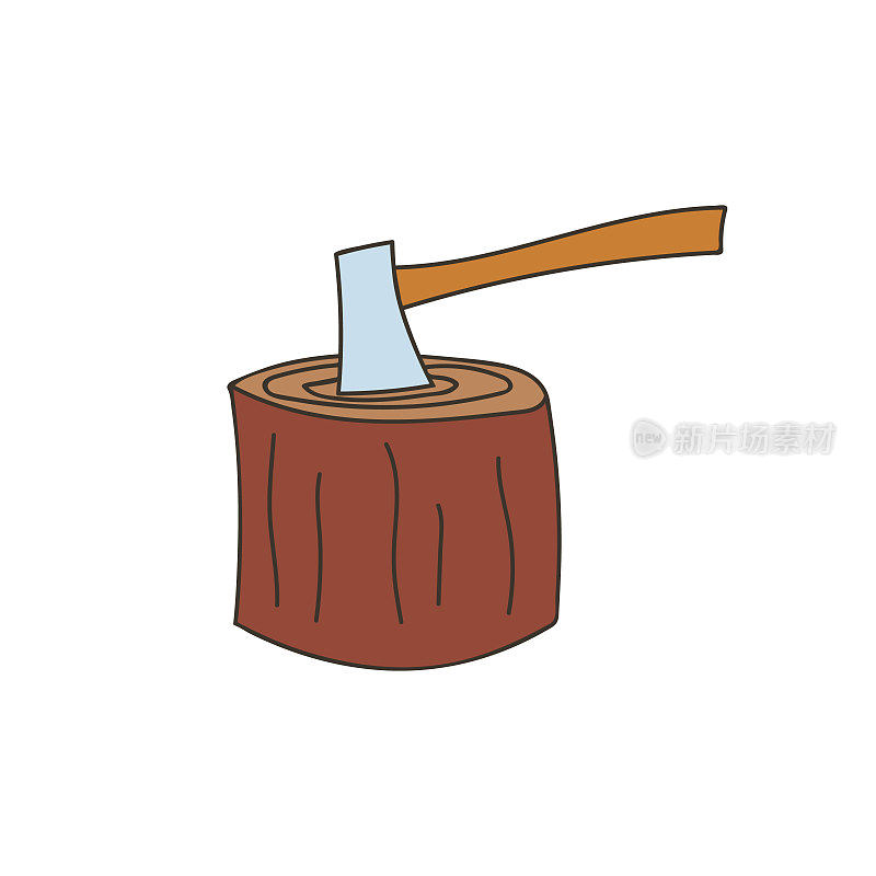 斧头卡在分裂块彩色涂鸦插图。一把斧头卡在木制甲板上的彩色图标