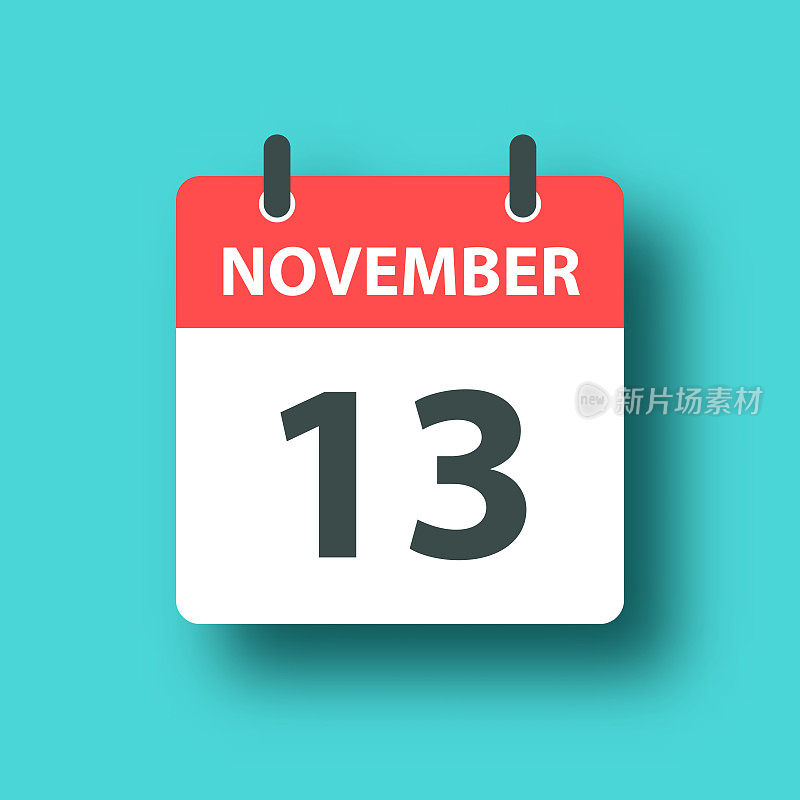 11月13日-日常日历图标在蓝色绿色的背景与阴影