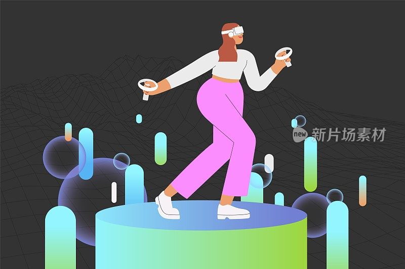 Metaverse娱乐。平面矢量插画，女性戴着虚拟现实眼镜和VR头戴设备，互动和探索虚拟世界。未来创新的概念。