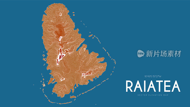 太平洋法属波利尼西亚社会群岛雷阿提亚的地形图。海岛矢量详细高程图。地理优美的山水轮廓海报。