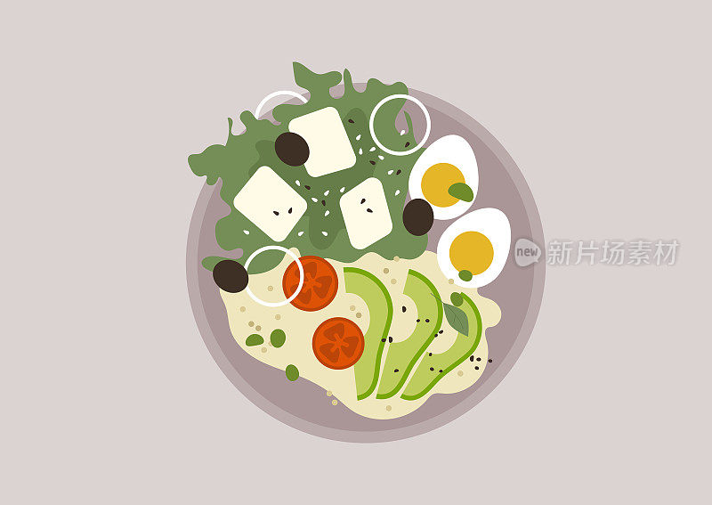 蔬菜沙拉的俯视图，藜麦和鸡蛋，健康的饮食