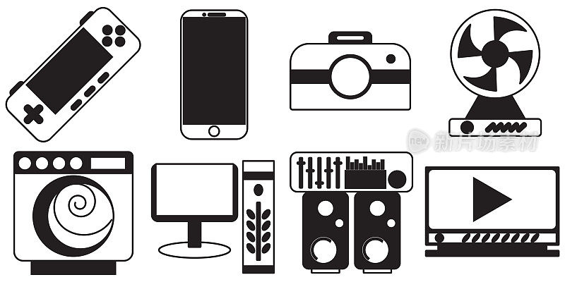图标包的黑色和白色电子设备，如智能手机，视频游戏，无反光镜单反相机，风扇，洗衣机，电脑，电视和音响系统