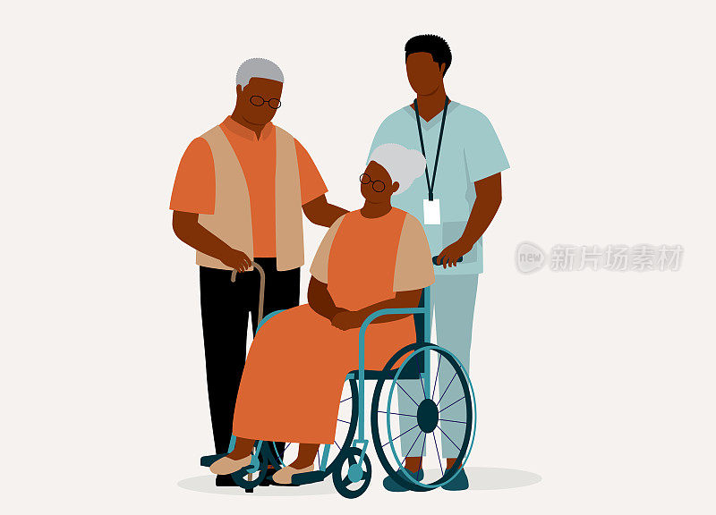黑人老年丈夫和坐在轮椅上的老年妻子正在由一名男护士照顾。