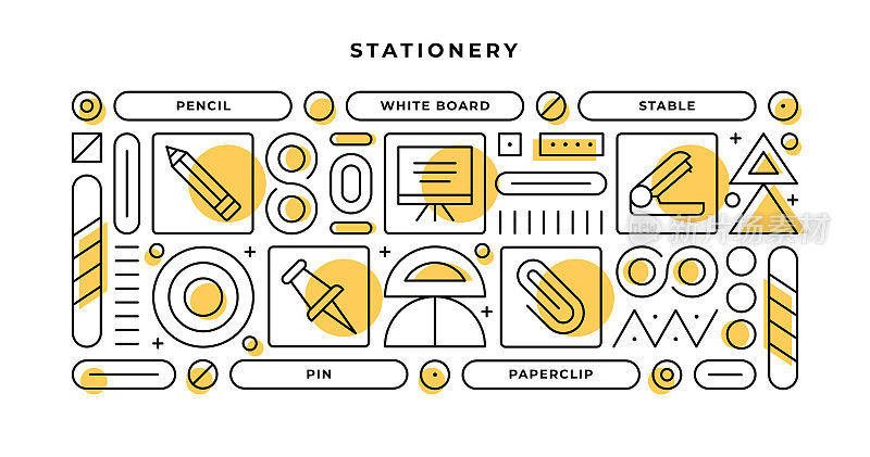 文具信息图表概念与几何形状和铅笔，白板，稳定，回形针线图标