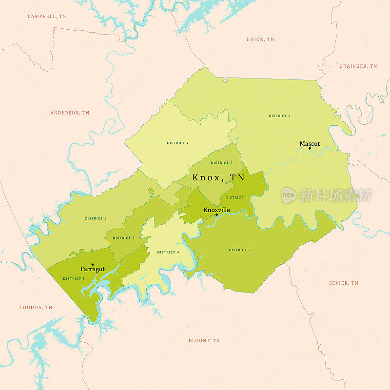TN诺克斯县矢量地图绿色