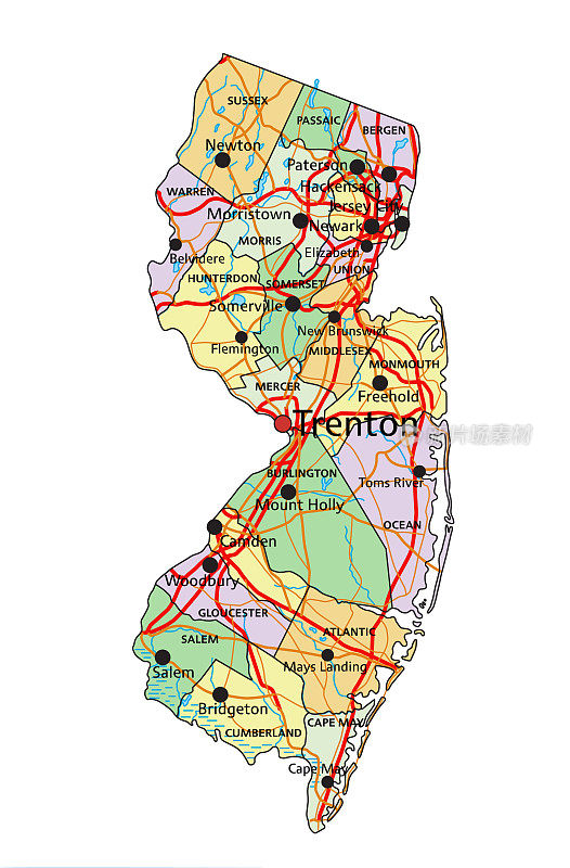 新泽西州-高度详细的可编辑的政治地图与标签。