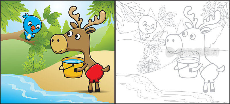 矢量卡通有趣的麋鹿扛着水桶，小鸟在树枝上。填色书或书页