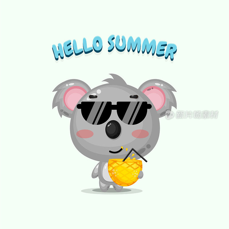 可爱的考拉吉祥物带着菠萝汁和夏天的问候