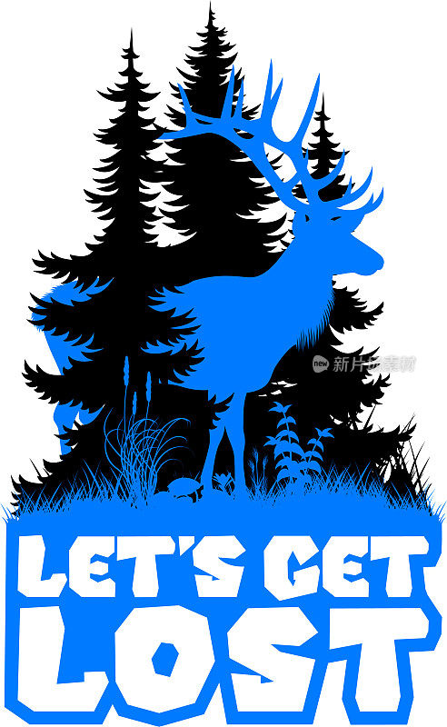 向量森林林地贴纸与落基山麋鹿。升华贴纸，上面写着“我们走吧”