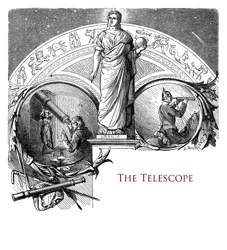 美丽的印刷前章的一本关于望远镜的古老的书和它的使用的天文学家和军事探险家装饰的星座和神话人物