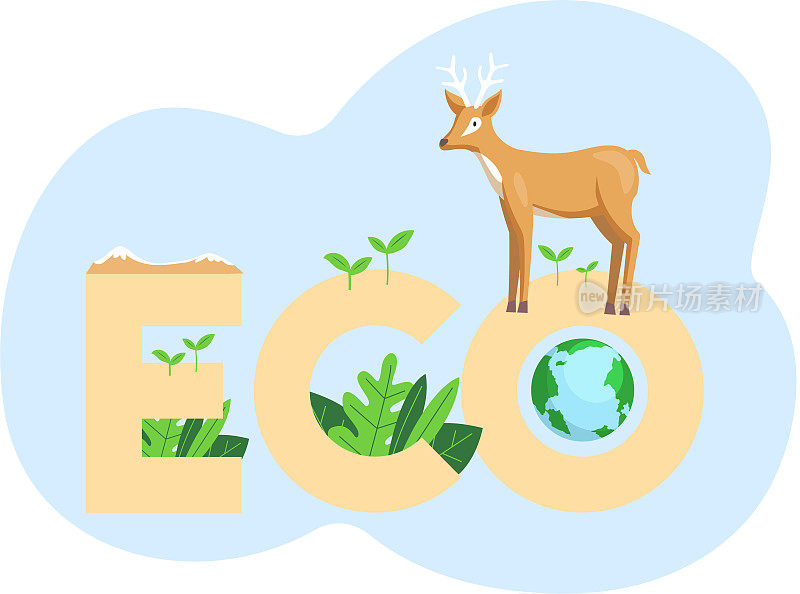 关爱绿色生态系统。地球生物多样性的代表。抽象背景上的鹿