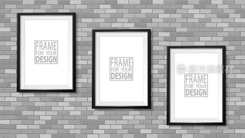 墙上的画框。相框模型。简单的空框架为您的业务设计。砖墙。矢量模板的图片，绘画，海报，字母或照片画廊。
