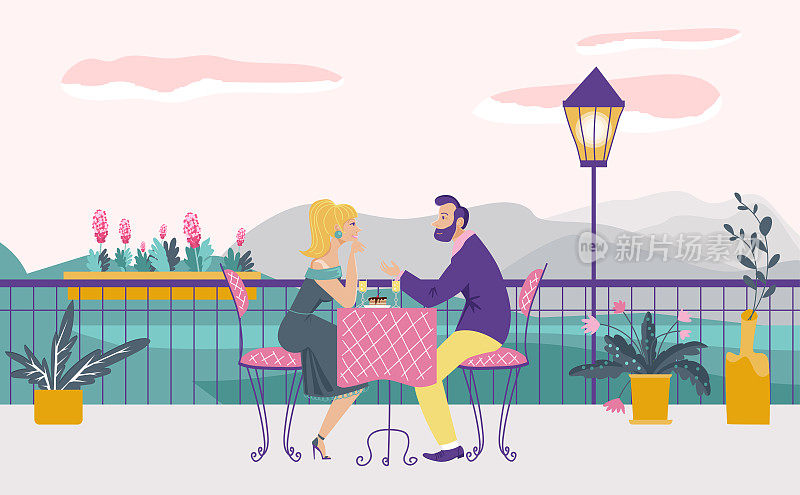 可爱浪漫的约会在咖啡馆，夫妇坐在餐厅露台，舒适的地方对会议平面矢量插画，自然景观。