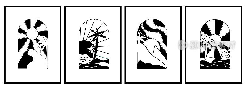 黑白海报的日出在早晨，与大海和棕榈树。背景日出完美的图标和符号，海报，明信片，标志。矢量插图。