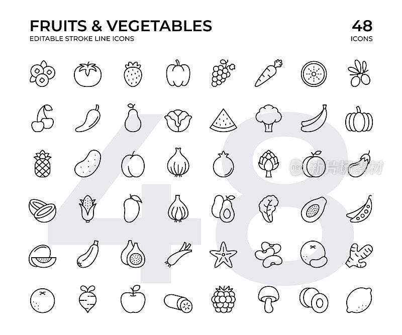 水果和蔬菜矢量线图标集。这个图标集包括番茄，草莓，胡萝卜，香蕉，黄瓜，土豆等