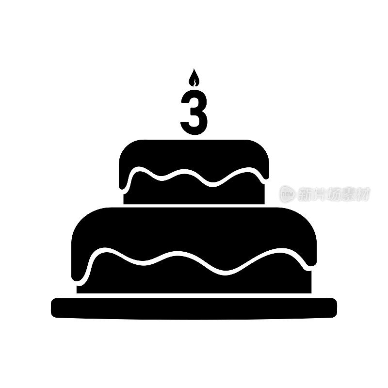生日蛋糕上有三号蜡烛，简单的黑色矢量图标