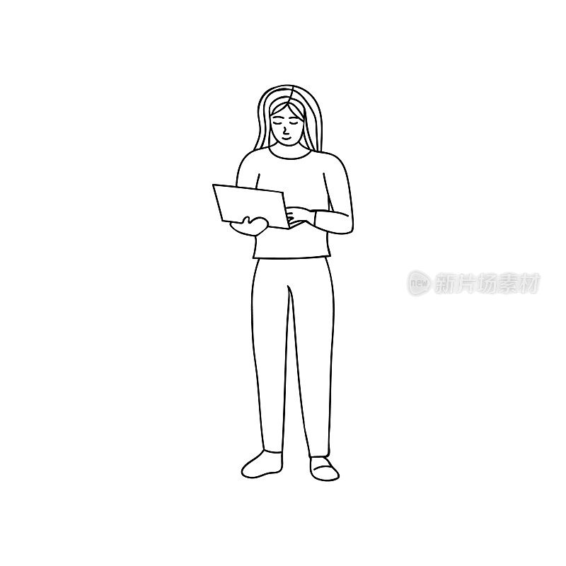 站着的女人一手拿着笔记本电脑，用另一只手在上面涂鸦。年轻的女孩站在笔记本电脑上写东西手绘矢量图标。