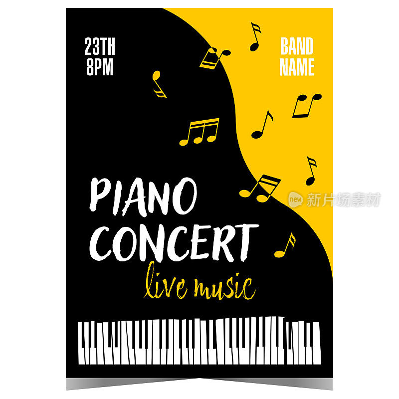 现场钢琴音乐会或节日推广横幅或海报与黑色三角钢琴和音符在黄色背景。