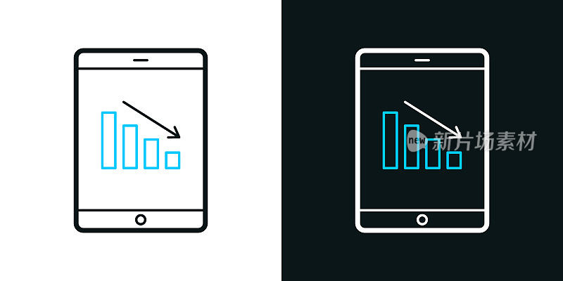 平板电脑上的递减图。黑色或白色背景上的双色线条图标-可编辑笔触