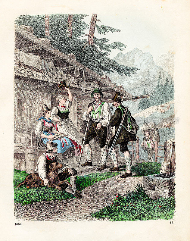 巴伐利亚人穿着传统服装的彩印照片，1860年