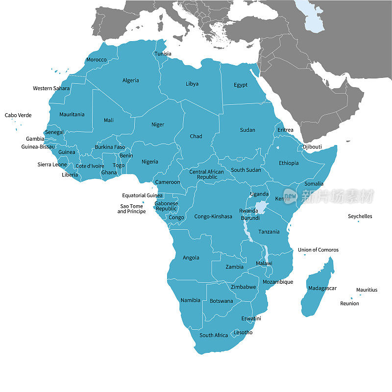 带有英文国家名称的非洲大陆地图