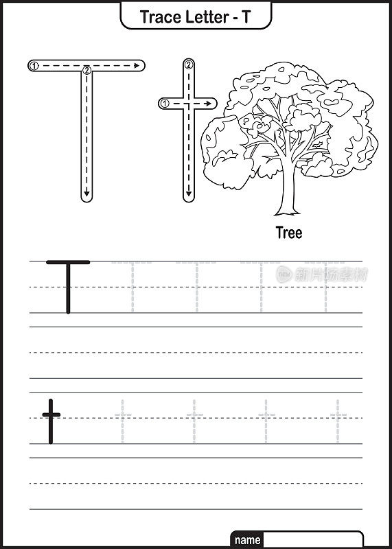 字母跟踪字母A到Z学龄前工作表与字母T树亲矢量