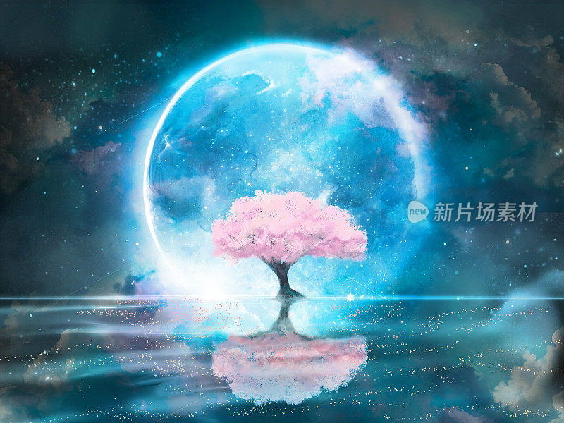 蓝色的满月和樱花在水面上盛开的幻想背景风景插图。