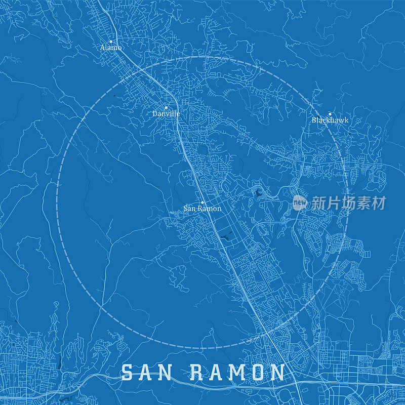 圣拉蒙加州城市矢量道路地图蓝色文本