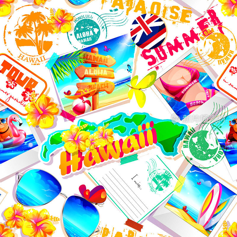 阿罗哈夏威夷热带假日概念卡通风格。夏威夷无缝背景邮票，照片，芙蓉花和太阳镜在白色背景与蝴蝶。