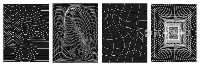 设置几何线框网格背景在白色黑色背景。3D抽象海报，图案，赛博朋克元素在时髦的迷幻锐舞风格。千禧年复古未来美学。