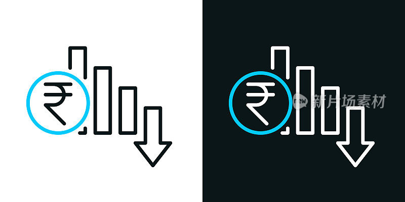 印度卢比汇率下降。黑色或白色背景上的双色线图标-可编辑的笔画