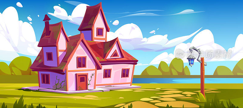 湖边林间空地上的粉色乡村房子