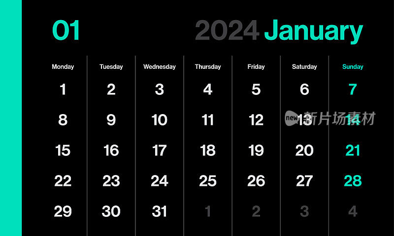 2024年1月-月历。黑暗极简主义风格的景观水平日历2024年。向量模板。这一周从星期一开始