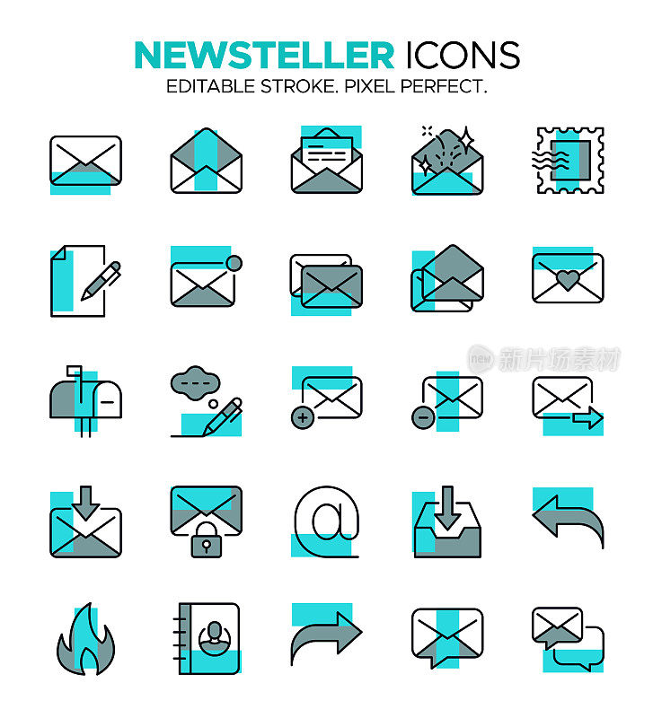 彩色新闻图标集-邮件，写作，邮箱，联系人列表和更多的符号