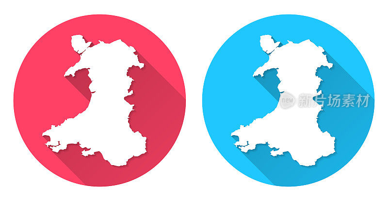 威尔士的地图。圆形图标与长阴影在红色或蓝色的背景