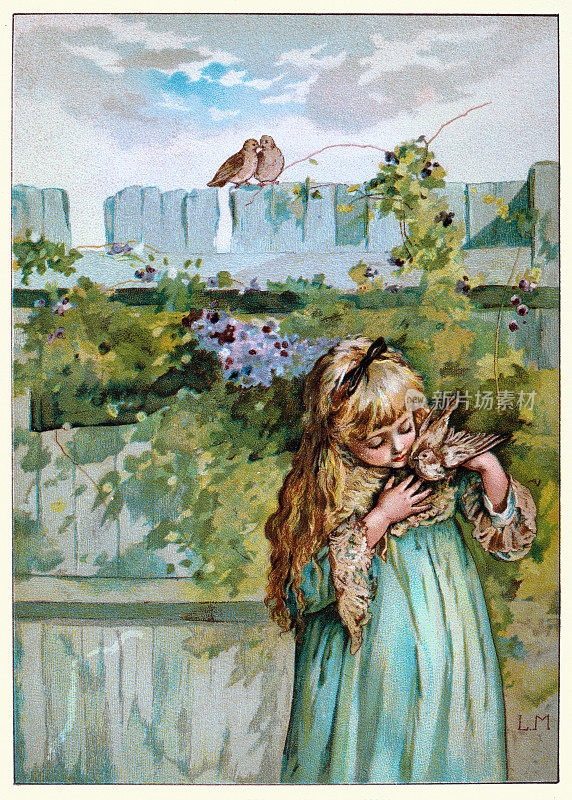 多萝西和多维，小女孩和她的宠物鸟，维多利亚儿童读物插图，19世纪