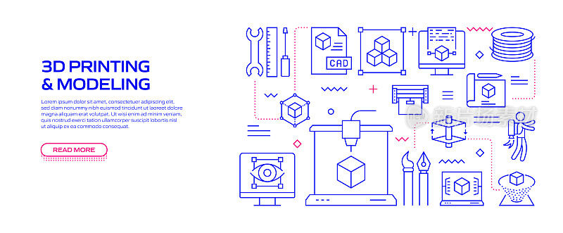 3D打印和建模相关的横幅设计网页，标题，小册子，年度报告和书籍封面