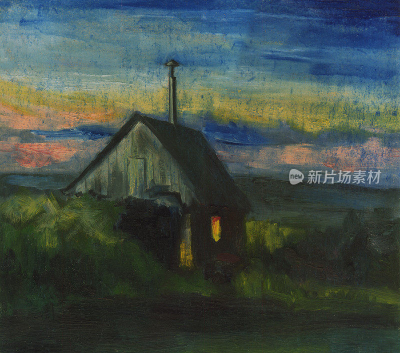 带有房子的夜景。油画