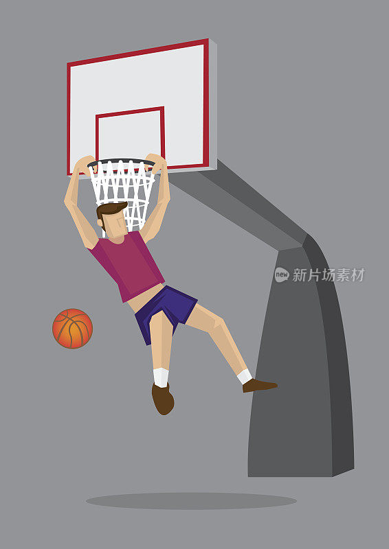 篮球运动员肘悬扣篮矢量插图