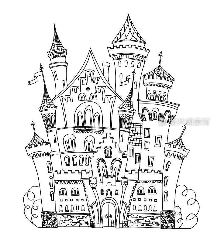 城堡着色书为成人和儿童矢量插图。反