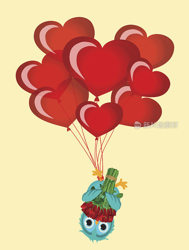 贺卡或生日或假日的请帖。猫头鹰手捧红花束倒挂在心形气球上。向量。为文字和广告留出空间