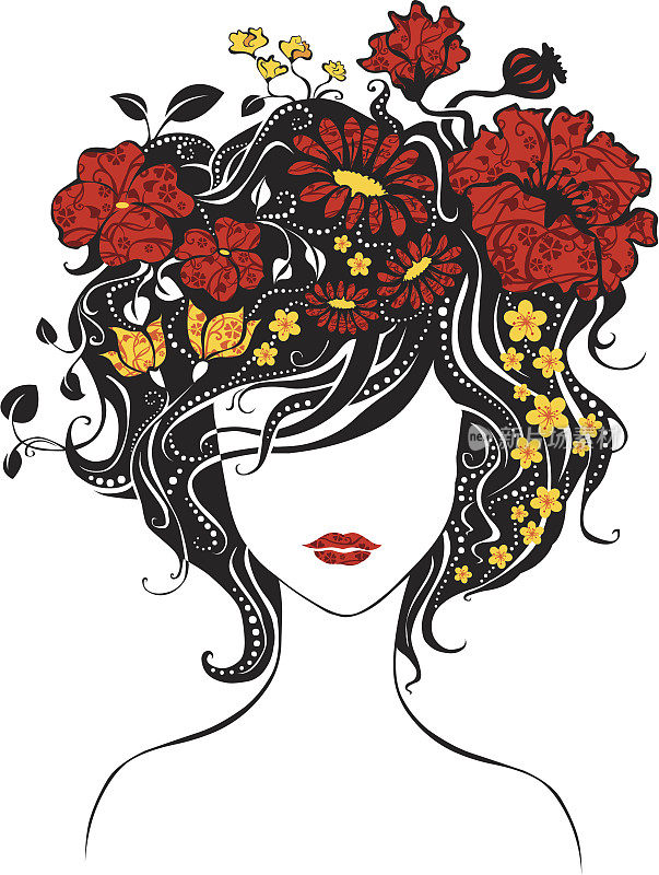 抽象的美丽女孩，头发上插着花