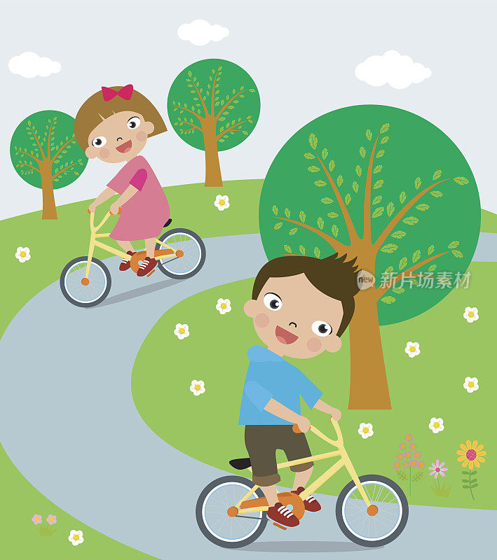 小骑自行车的人骑着他们的自行车