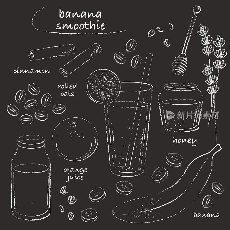 香蕉冰沙玻璃杯和配料食谱粉笔线草图
