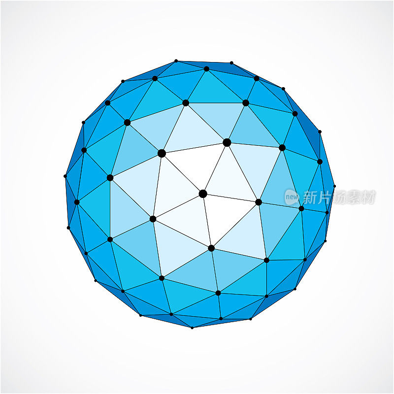 三维矢量数字线框球形物体使用三角形小面。几何多边形结构创建的线网格。低聚形状，蓝色格子形式，用于网页设计。