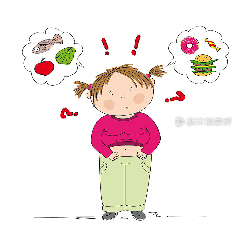 可疑的胖女孩对食物的思考，试图决定吃什么-无论是健康的还是不健康的食物-原创手绘插图