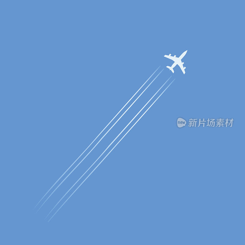 飞行飞机的剪影孤立在蓝天和痕迹