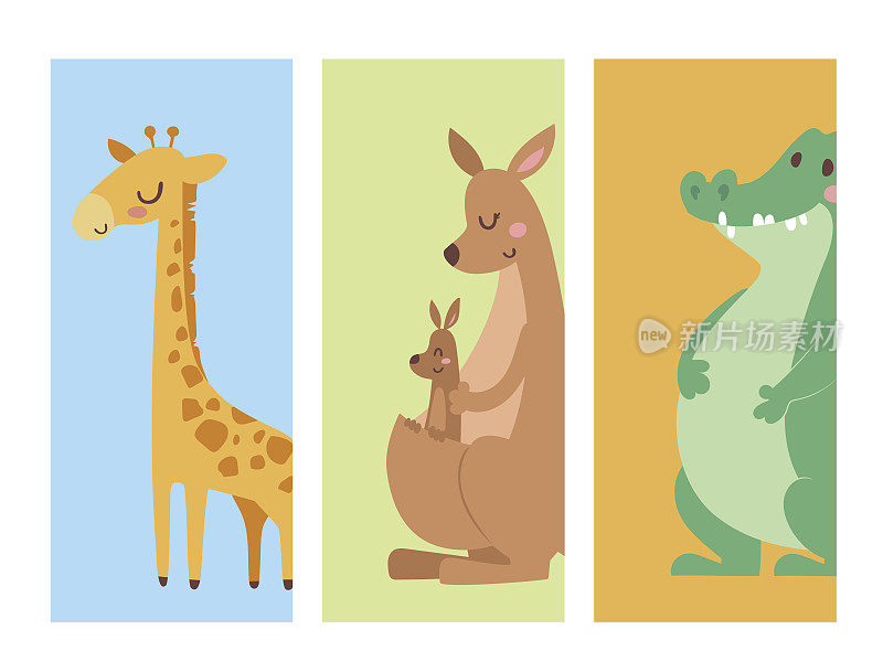 可爱的动物园卡通动物卡片，有趣的野生动物学习可爱的语言和热带自然狩猎哺乳动物丛林高大的字符矢量插图