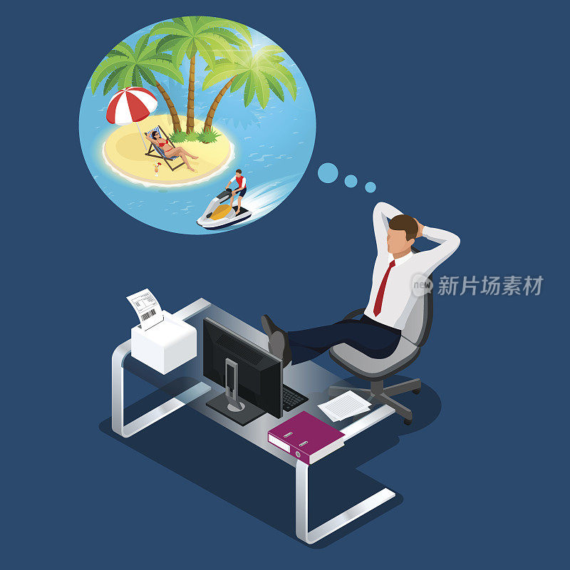 等距办公人员或商人在工作场所梦想休息、度假和旅游。工作时间中的休息。一个男人在海滩上梦想着暑假的平面插图。
